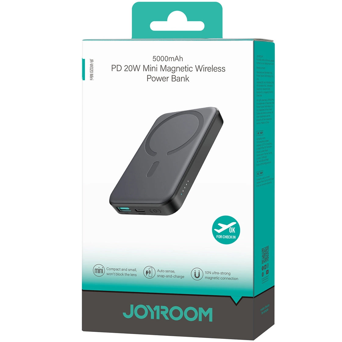 Joyroom JR-W020 MagSafe Externer Akku, 5000 mAh, 20 W, QC + PD + FQI, 1 x QI – 1 x USB-A – 1 x USB-C, Schwarz