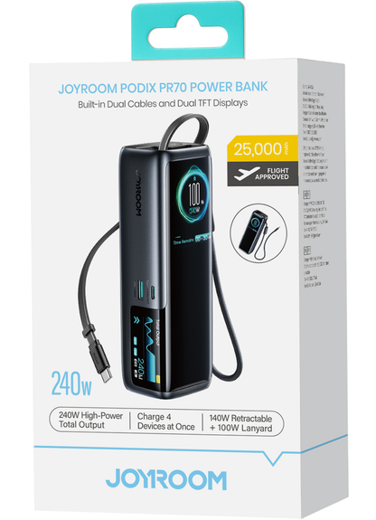 Joyroom PODIX PR70 Powerbank, 25000 mAh, 240 W, QC + PD, 1 x USB-A – 3 x USB-C, Schwarz