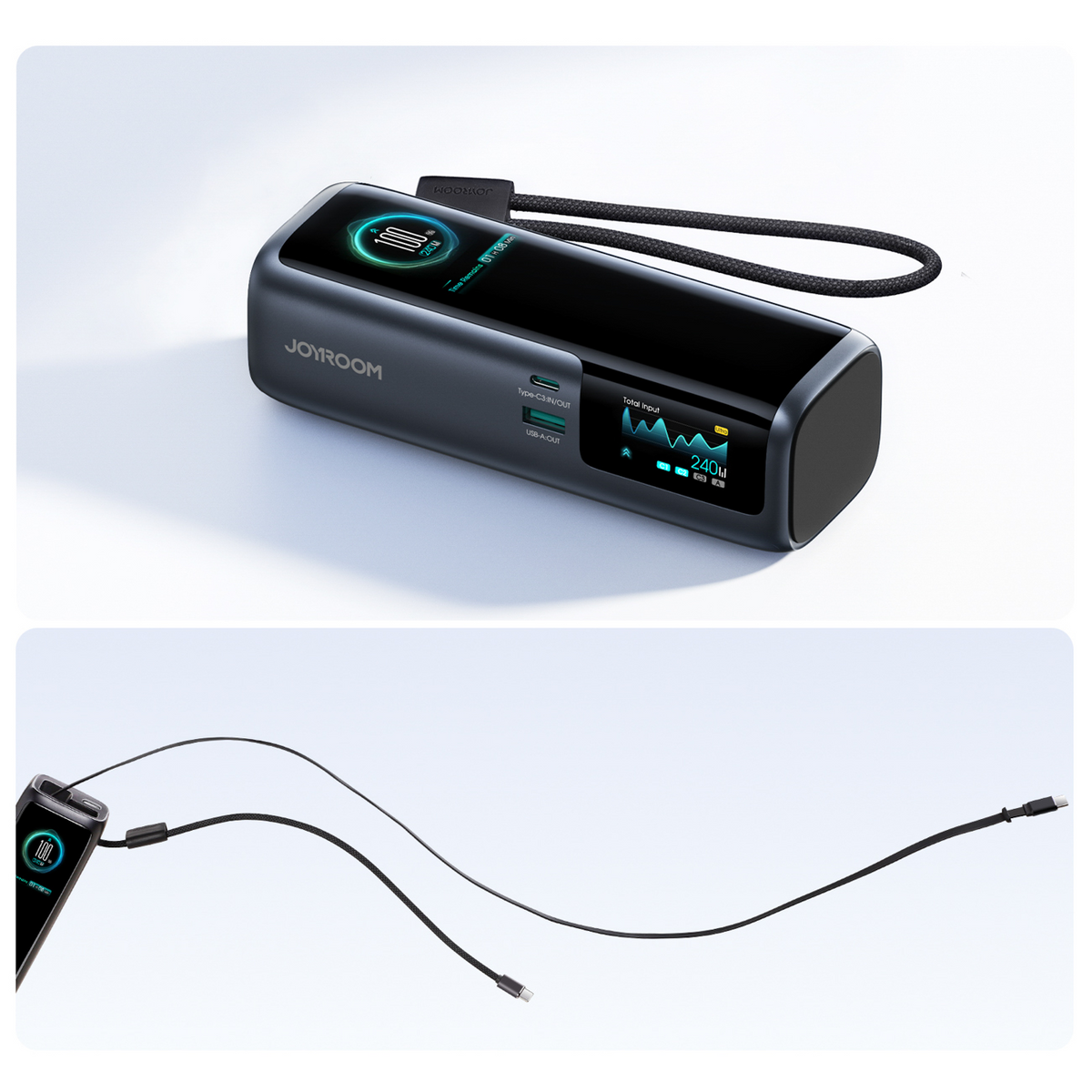 Joyroom PODIX PR70 Powerbank, 25000 mAh, 240 W, QC + PD, 1 x USB-A – 3 x USB-C, Schwarz