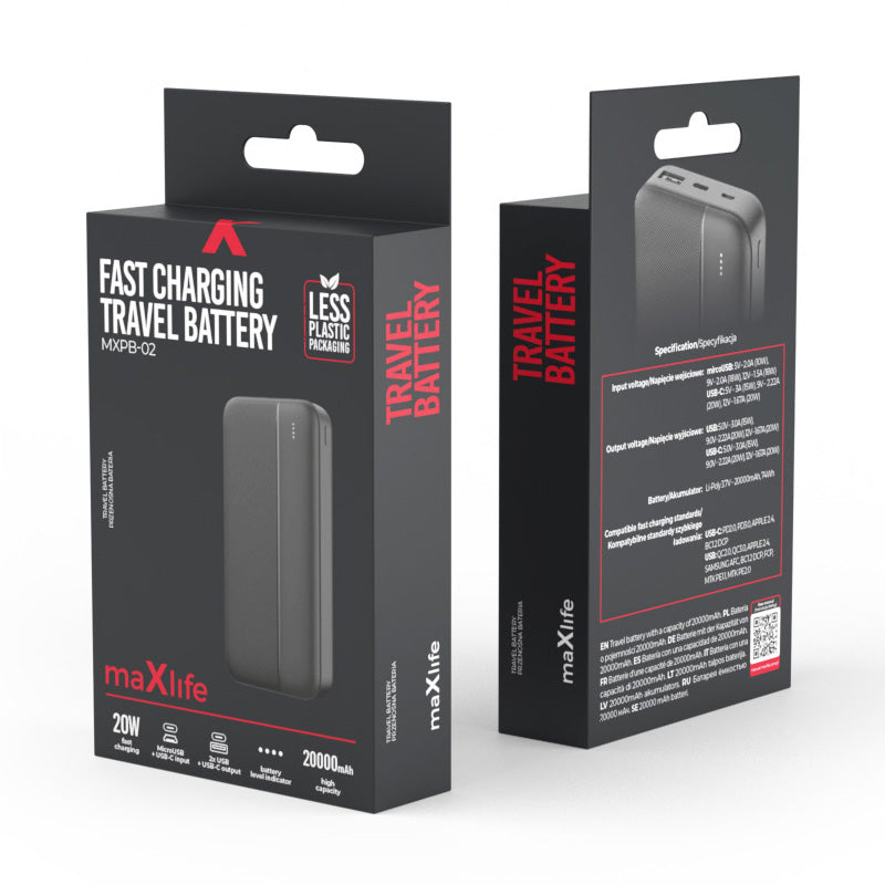 Externer Akku MaXlife MXPB-02, 20000mAh, 20W, QC + PD, 1 x USB-A - 1 x USB-C, Schwarz