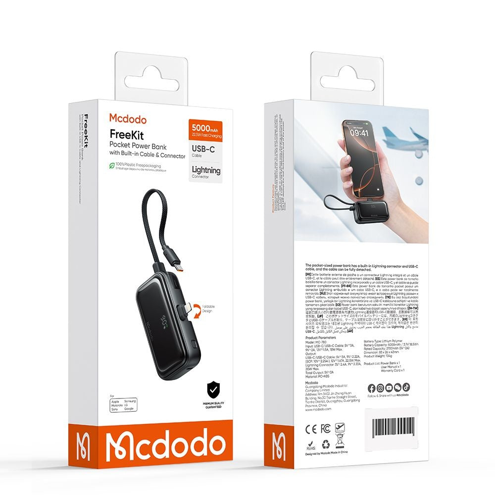 Externer Akku McDodo MC-7800 Freekit, 5000mAh, 22.5W, PD, 1 x Lightning - 2 x USB-C, Schwarz