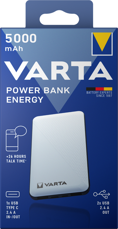 Varta Energy Externer Akku, 5000 mAh, 15 W, 2 x USB-A – 1 x USB-C, Weiß