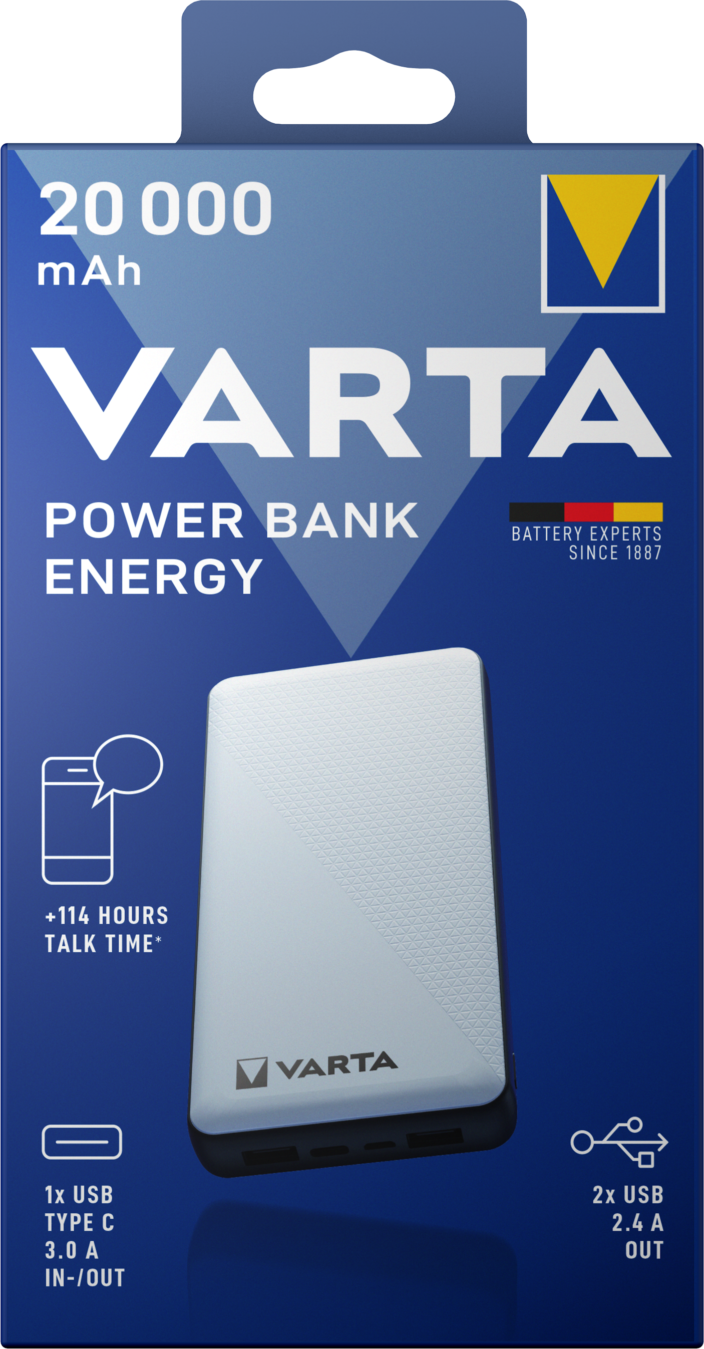 Varta Energy Externer Akku, 20000 mAh, 15 W, 2 x USB-A – 1 x USB-C, Weiß