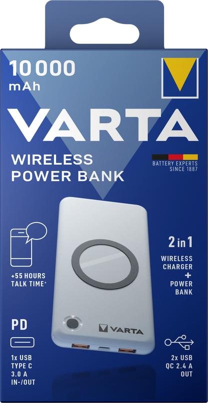 Varta Energy Wireless Externer Akku, 10000 mAh, 18 W, QC + PD + FQI, 1 x QI – 1 x USB-C – 2 x USB-A, Weiß