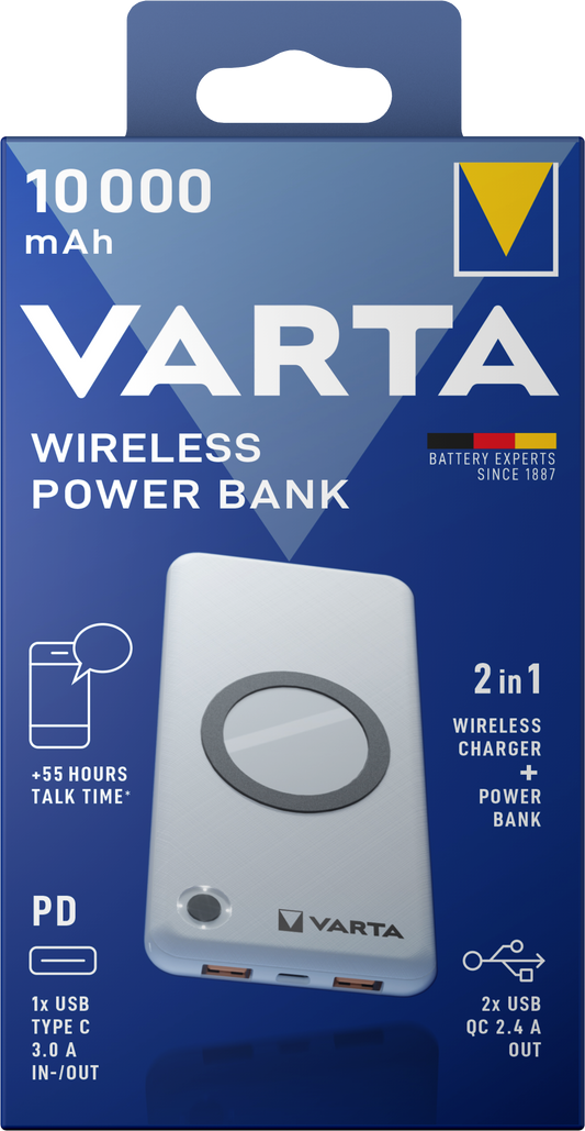 Varta Energy Wireless Externer Akku, 10000 mAh, 18 W, QC + PD + FQI, 1 x QI – 1 x USB-C – 2 x USB-A, Weiß