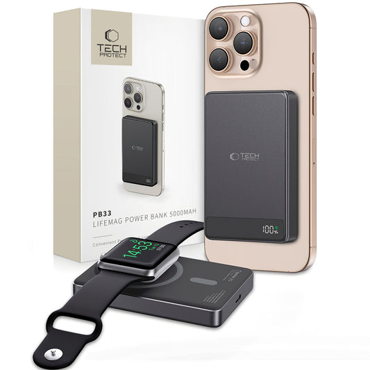 Externe drahtlose Batterie Tech-Protect PB33 LifeMag, 5000mAh, 15W, FQI, 1 x QI - 1 x USB-C, Schwarz