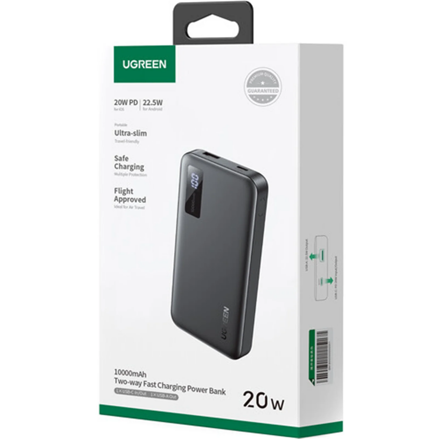 Externer Akku UGREEN PB311, 10000mAh, 22.5W, QC + PD, 1 x USB-C - 2 x USB-A, Schwarz