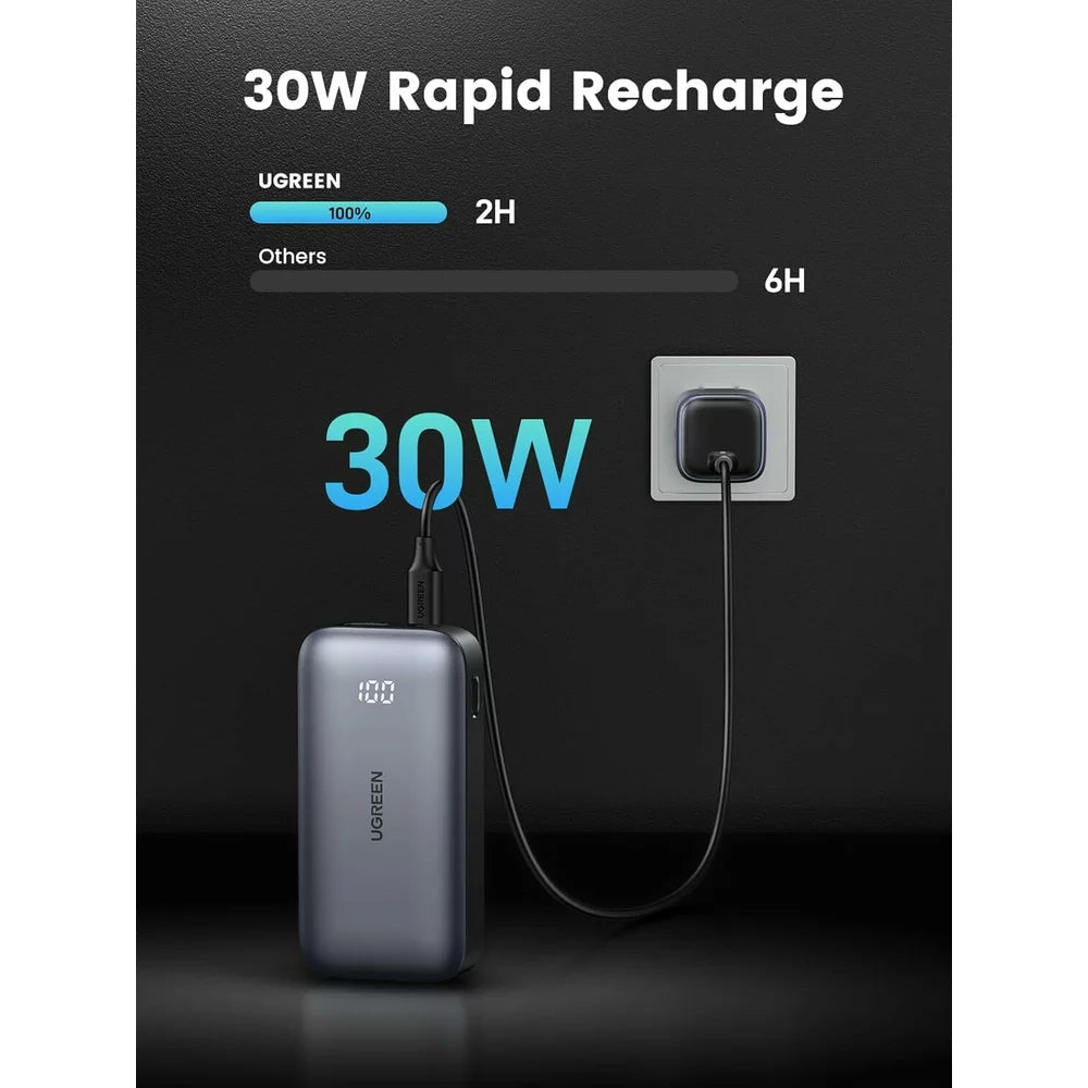 Externer Akku UGREEN PB502, 10000mAh, 30W, QC + PD, 1 x USB-A - 1 x USB-C, Grau
