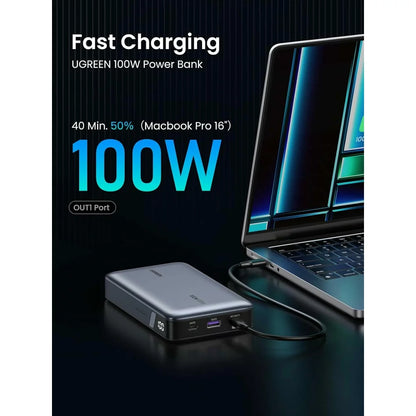 Externer Akku UGREEN PB720 Nexode, 20000mAh, 100W, QC + PD, 1 x USB-A - 2 x USB-C, Grau