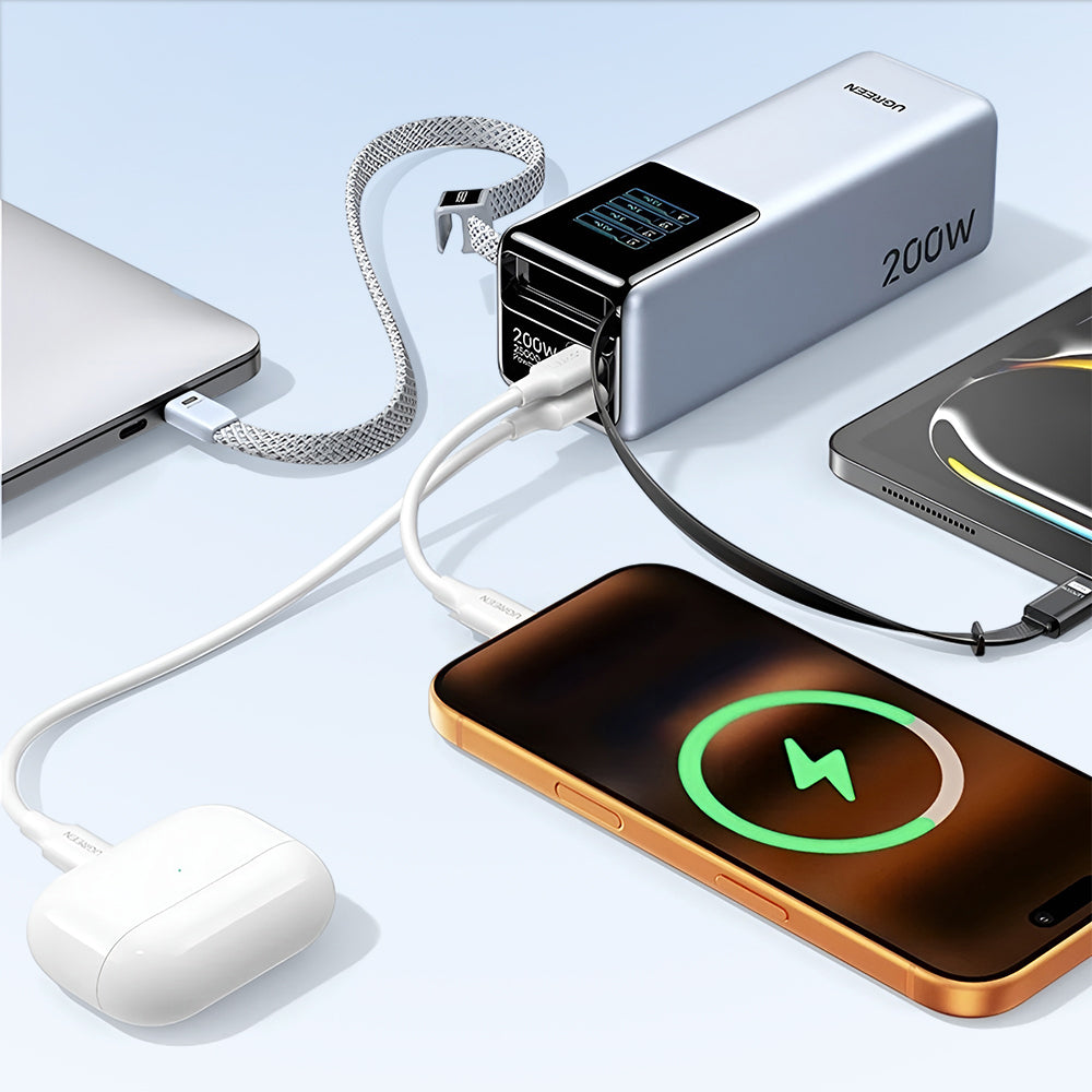 Externe Batterie UGREEN PB728 (75702B), 25000mAh, 200W, QC + PD, 1 x USB-A - 3 x USB-C, Grau
