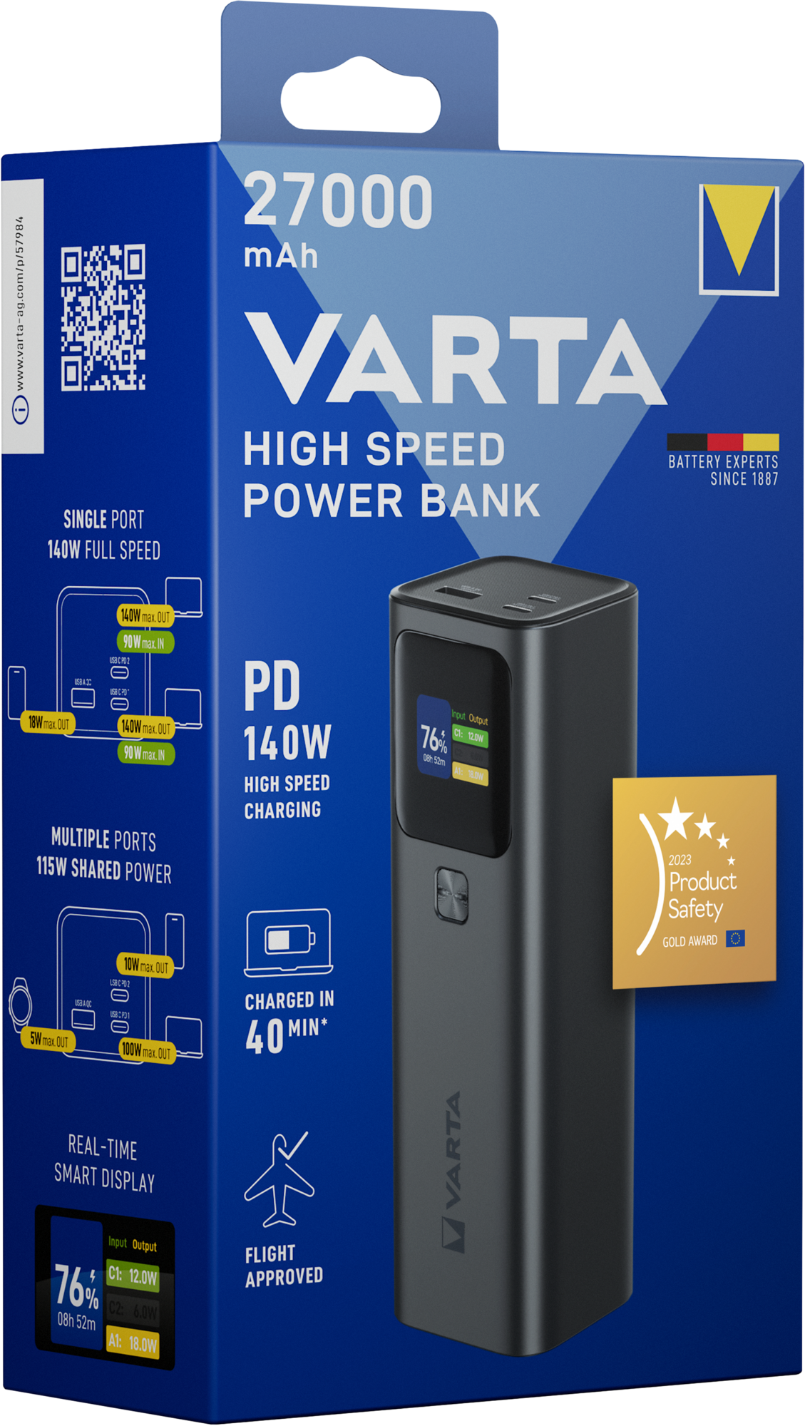 Externer Akku Varta High Speed, 27000mAh, 140W, QC + PD, 1 x USB-A - 2 x USB-C, Schwarz