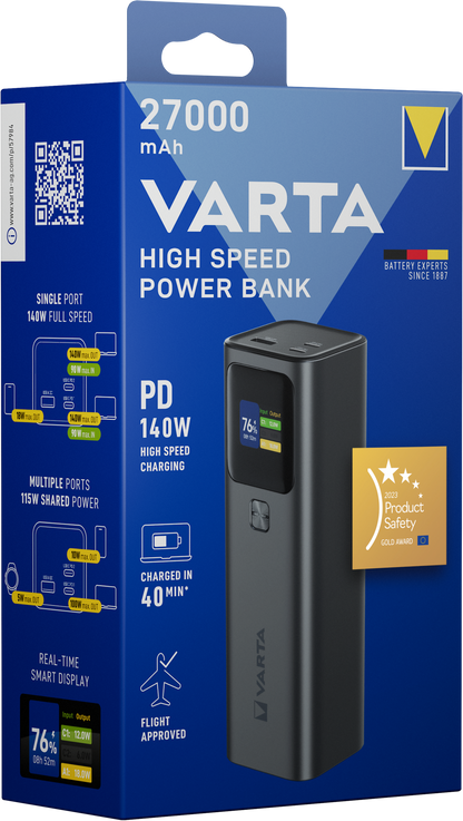 Externer Akku Varta High Speed, 27000mAh, 140W, QC + PD, 1 x USB-A - 2 x USB-C, Schwarz