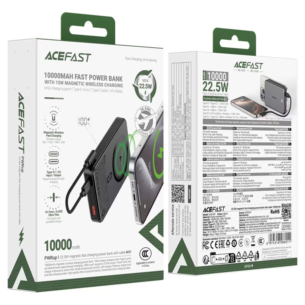 Externer Wireless Akku Acefast M31, 10000mAh, 22.5W, QC + PD + FQI, 1 x QI - 1 x USB-A - 2 x USB-C, Schwarz