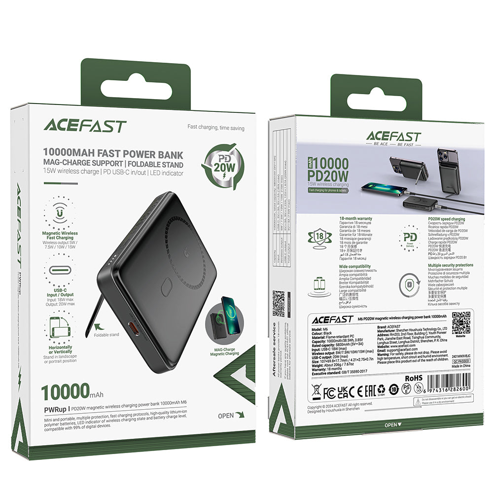 Externer Wireless Akku Acefast M6, 10000mAh, 20W, PD + FQI, 1 x QI - 1 x USB-C, Schwarz