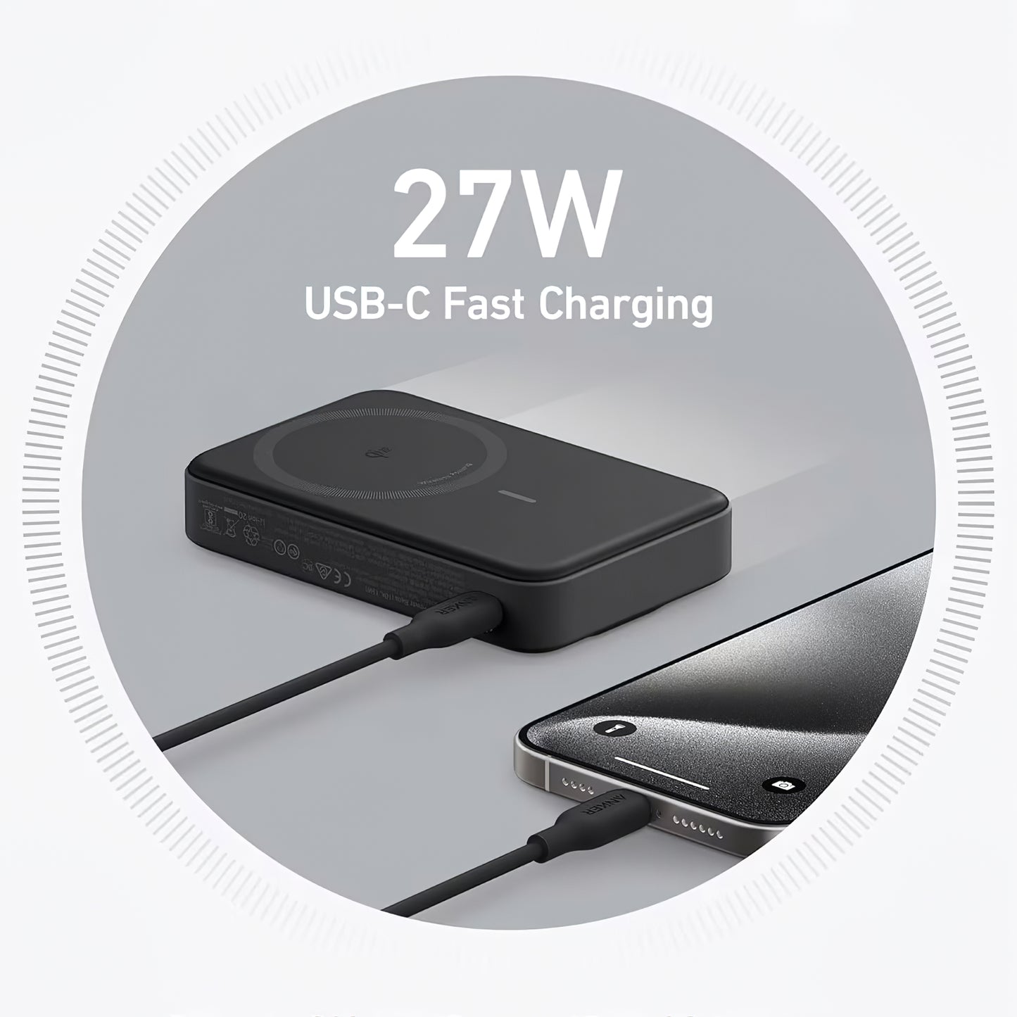 Anker MagGo kabelloser externer Akku, 10000 mAh, 27 W, PD + FQI, 1 x QI – 1 x USB-C, Schwarz A1654G11