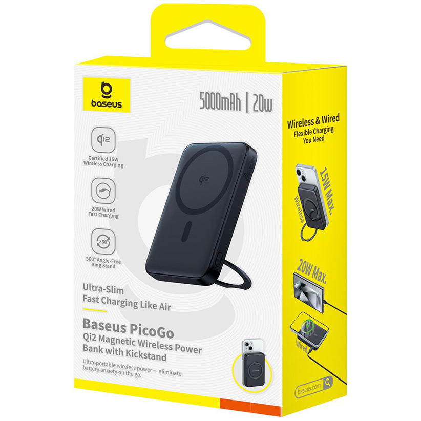 Externer Wireless-Akku Baseus PicoGo, 5000mAh, 20W, PD + FQI, 1 x QI - 1 x USB-C, Schwarz P10076802123-00