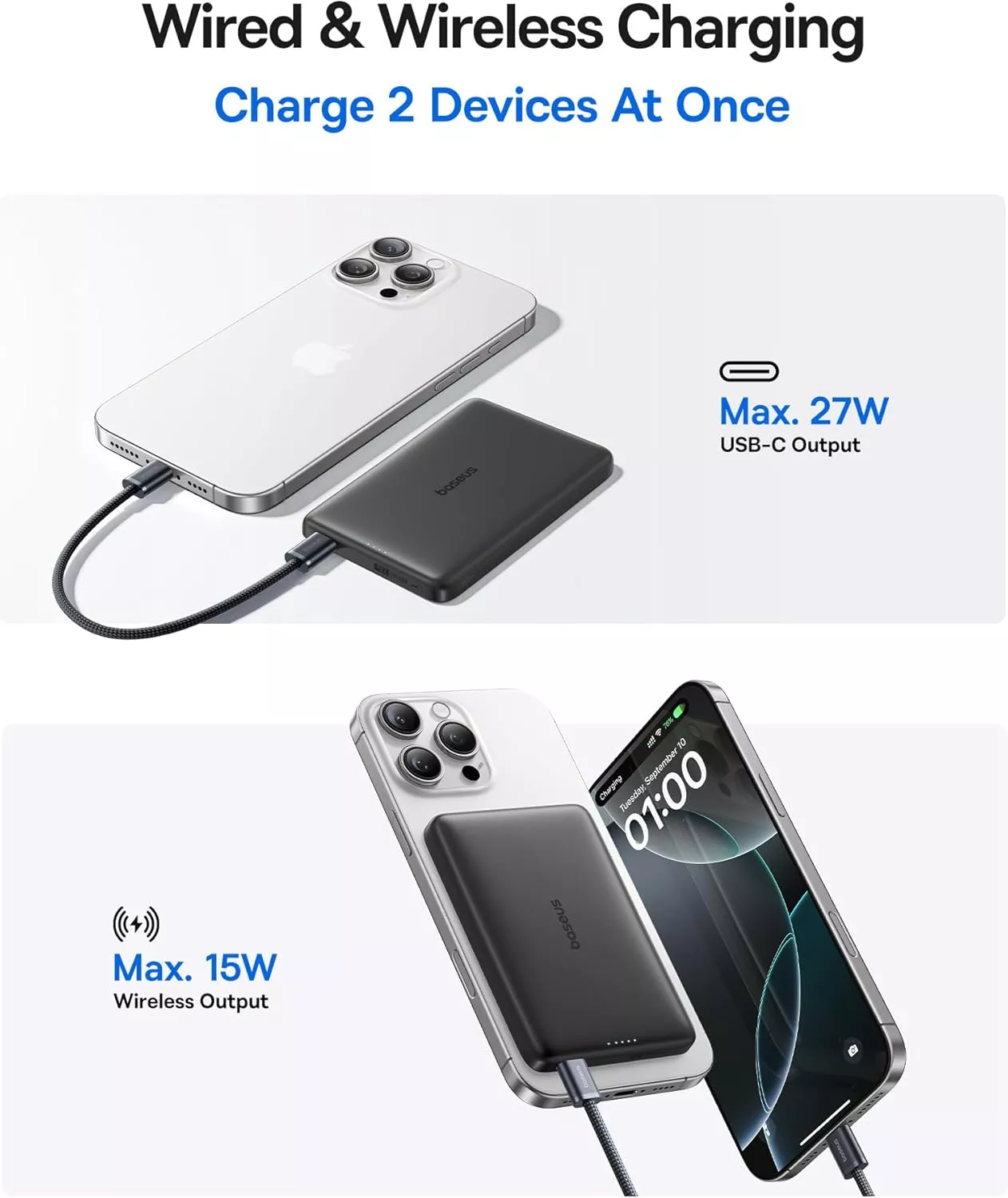 Externer Wireless-Akku Baseus PicoGo AM41, 10000mAh, 27W, PD + FQI, 1 x QI - 1 x USB-C, Schwarz E0027201