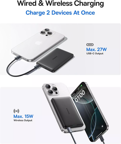 Externer Wireless-Akku Baseus PicoGo AM41, 10000mAh, 27W, PD + FQI, 1 x QI - 1 x USB-C, Schwarz E0027201