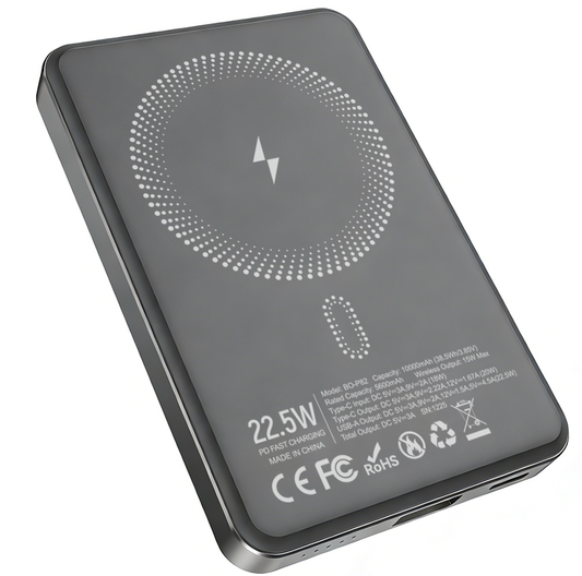 Kabellose Externe Batterie BWOO BO-P82, 10000mAh, 22,5W, PD + FQI, 1 x QI - 1 x USB-C, Grau