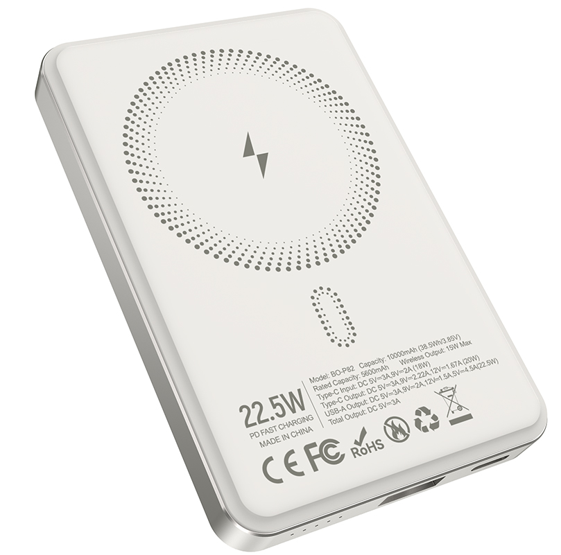 Kabellose Externe Batterie BWOO BO-P82, 10000mAh, 22,5W, PD + FQI, 1 x QI - 1 x USB-C, Weiß