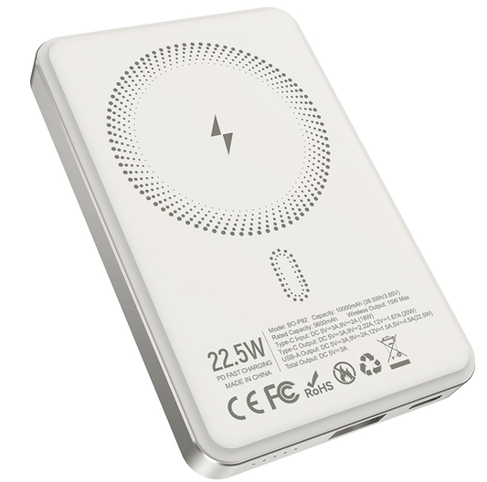 Kabellose Externe Batterie BWOO BO-P82, 10000mAh, 22,5W, PD + FQI, 1 x QI - 1 x USB-C, Weiß