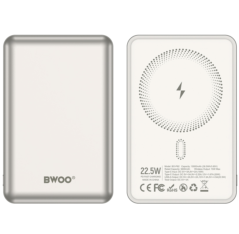 Kabellose Externe Batterie BWOO BO-P82, 10000mAh, 22,5W, PD + FQI, 1 x QI - 1 x USB-C, Weiß
