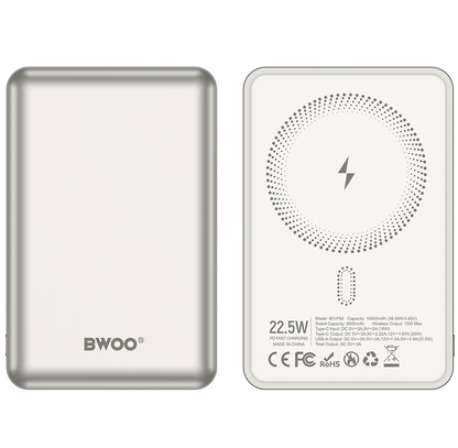Kabellose Externe Batterie BWOO BO-P82, 10000mAh, 22,5W, PD + FQI, 1 x QI - 1 x USB-C, Weiß