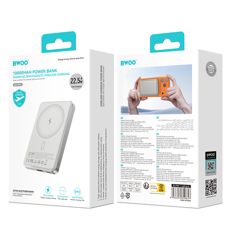 Kabellose Externe Batterie BWOO BO-P82, 10000mAh, 22,5W, PD + FQI, 1 x QI - 1 x USB-C, Weiß