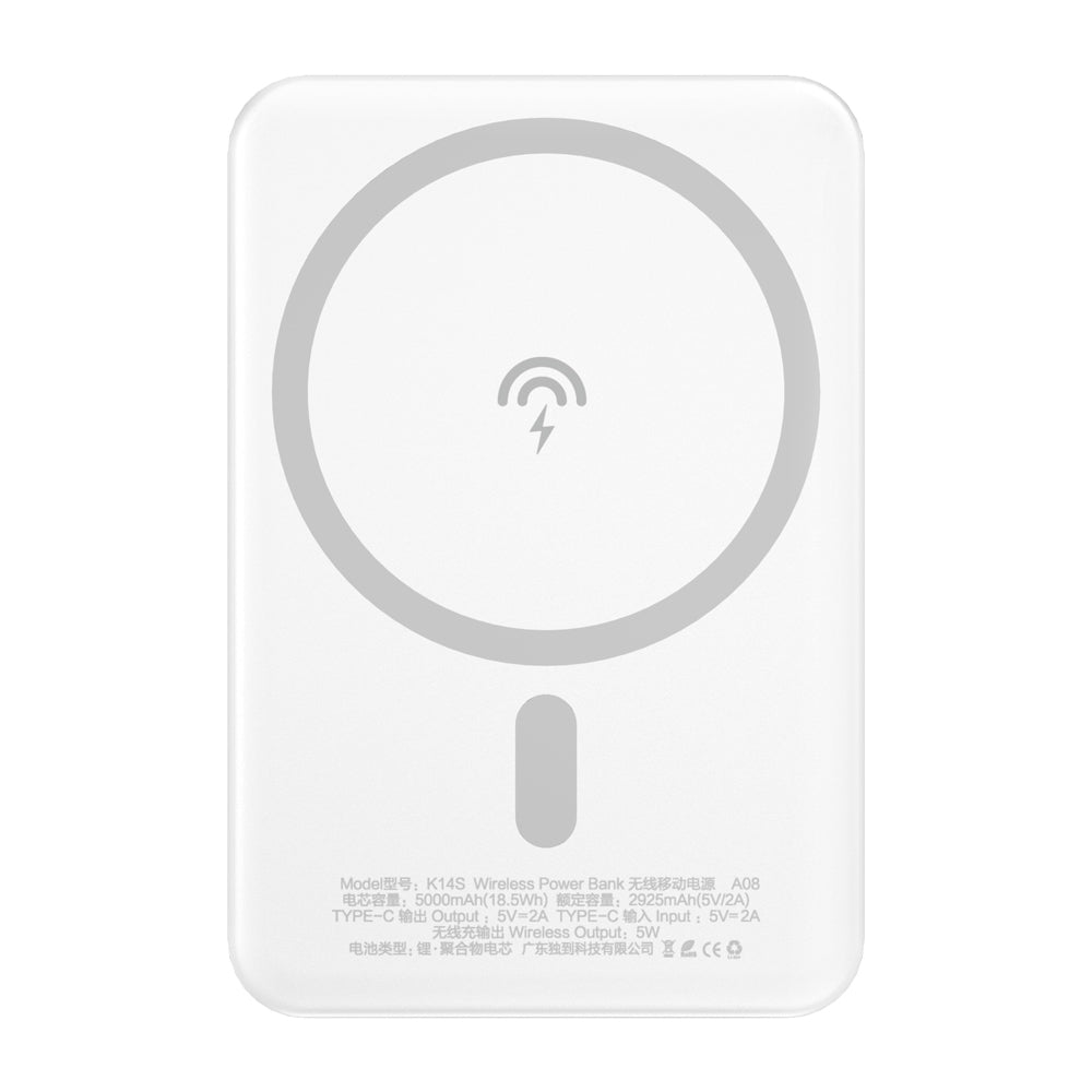 Externer Wireless-Akku Dudao K14S, 5000mAh, 10W, PD + QI, 1 x QI - 1 x USB-C, Weiß