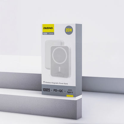 Dudao K26 Wireless External Battery, 10000mAh, 20W, PD + FQI, 1 x QI - 1 x USB-C, White