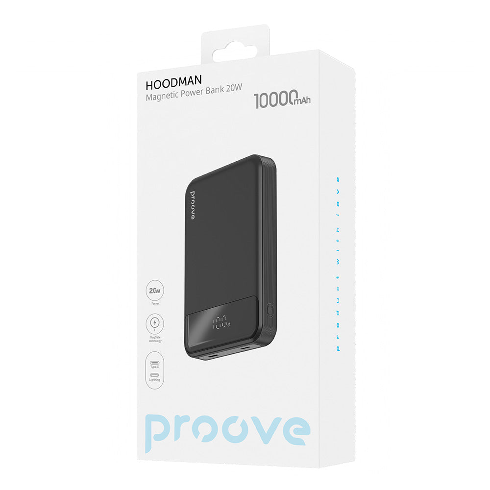 Externer Wireless-Akku Proove Hoodman, 10000mAh, 20W, PD + FQI, 1 x QI - 1 x USB-C, Schwarz PBH120010001