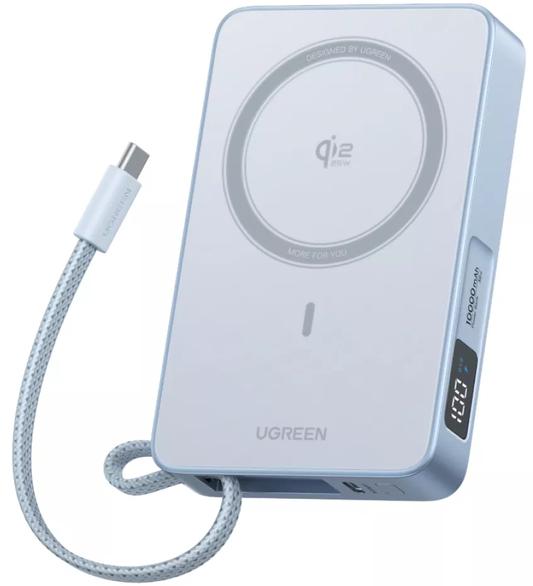 Wireless Powerbank UGREEN MagFlow PB773 (65958), 10000mAh, 25W, PD + FQI, 1 x QI - 2 x USB-C, Blau