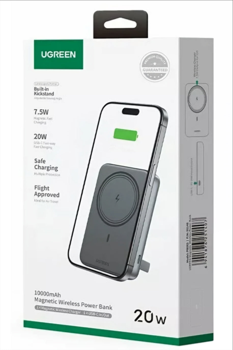 Externer Wireless-Akku UGREEN PB561, 10000mAh, 20W, PD + FQI, 1 x QI - 1 x USB-C, Schwarz