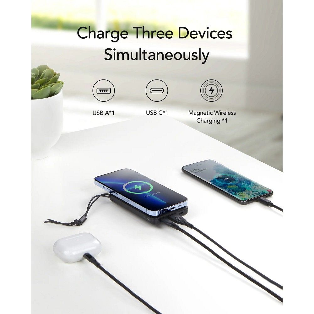 Externer Wireless-Akku Veger VP1151 / W1151, 10000mAh, 22.5W, QC + PD + FQI, 1 x QI - 1 x USB-A - 1 x USB-C, Schwarz