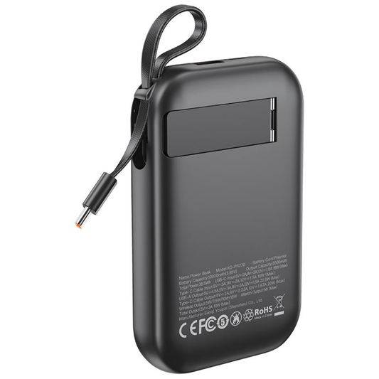 Externer Wireless-Akku XO Design PR270, 10000mAh, 22.5W, QC + PD + QI, 1 x QI - 1 x USB-A - 1 x USB-C, Schwarz