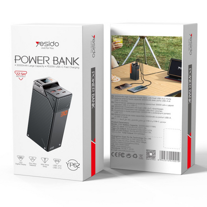 Externe Batterie Yesido YP62, 30000mAh, 22,5W, QC + PD, 2 x USB-A - 2 x USB-C, Schwarz