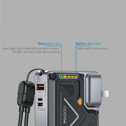 Externer Akku Yesido YP89, 10000mAh, 22.5W, QC + PD + FQI, 1 x Lightning - 1 x QI - 1 x USB-A - 1 x USB-C, Grau