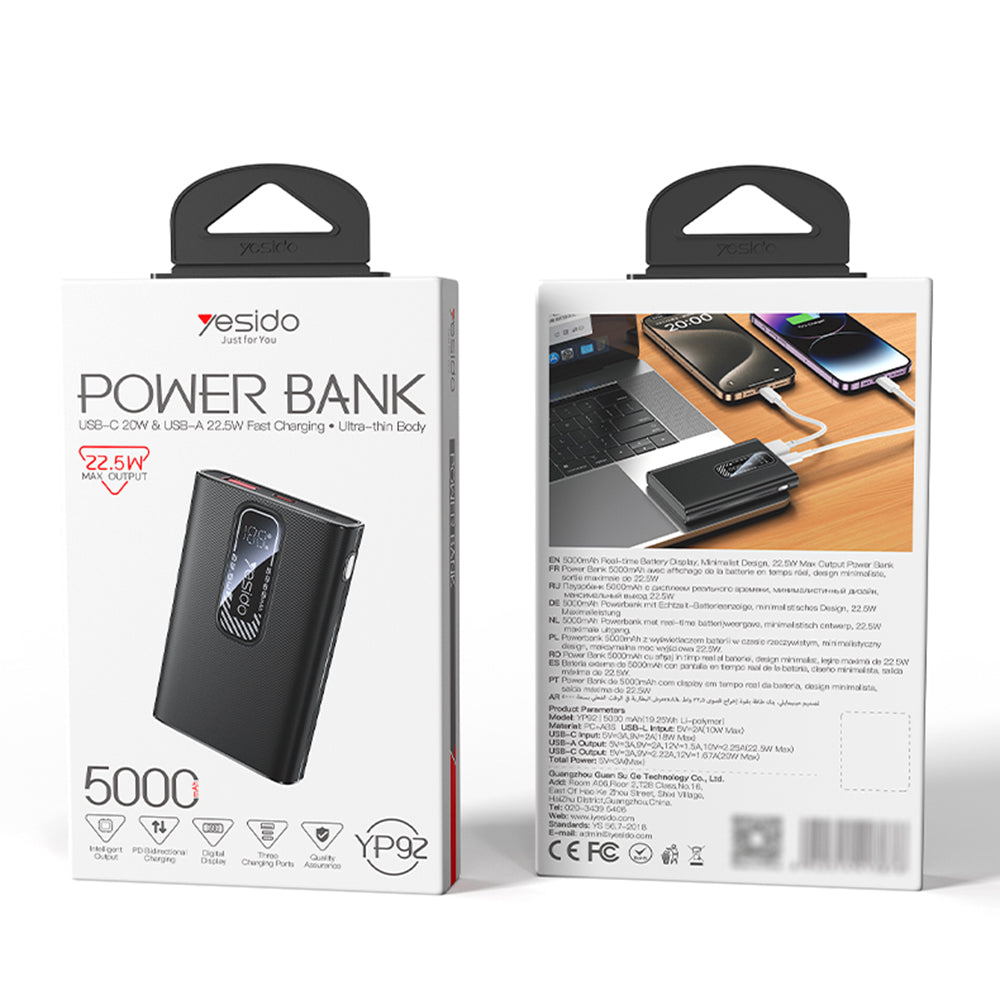 Externer Akku Yesido YP92, 5000mAh, 22.5W, QC + PD, 1 x USB-A - 1 x USB-C, Schwarz