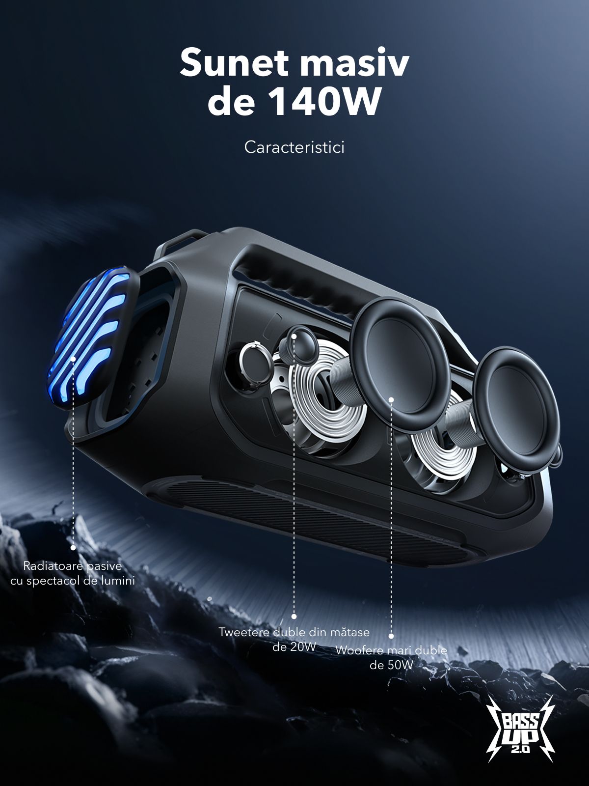 Tragbarer Bluetooth-Lautsprecher Anker SoundCore Boom 2 Plus Neue Version, 140W, TWS, RGB, Wasserdicht, Schwarz A3134012
