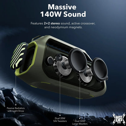 Tragbarer Bluetooth-Lautsprecher Anker SoundCore Boom 2 Plus, 140W, TWS, RGB, wasserdicht, Grün A3134061