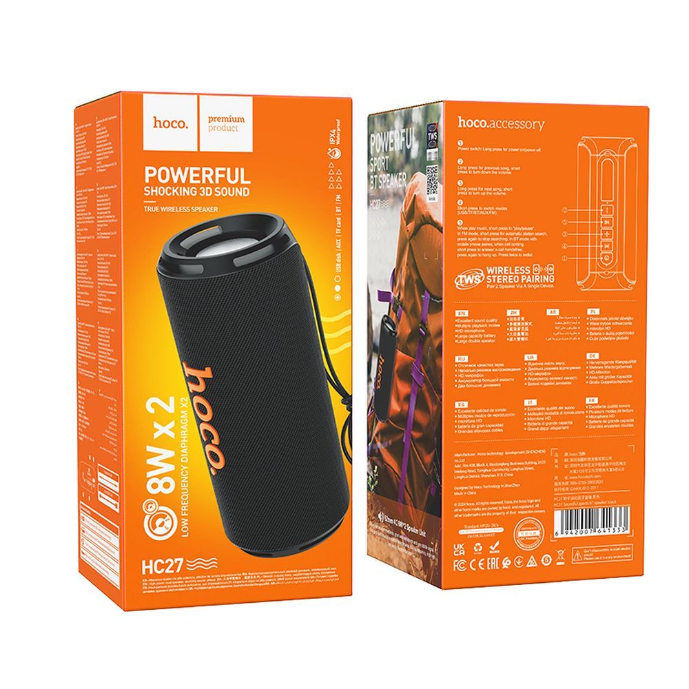 Tragbarer Bluetooth-Lautsprecher HOCO HC27, 2 x 8W, Schwarz