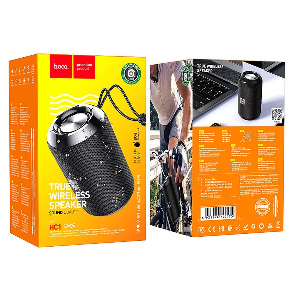 Tragbarer Bluetooth-Lautsprecher HOCO HC1, 5W, TWS, wasserdicht, Schwarz