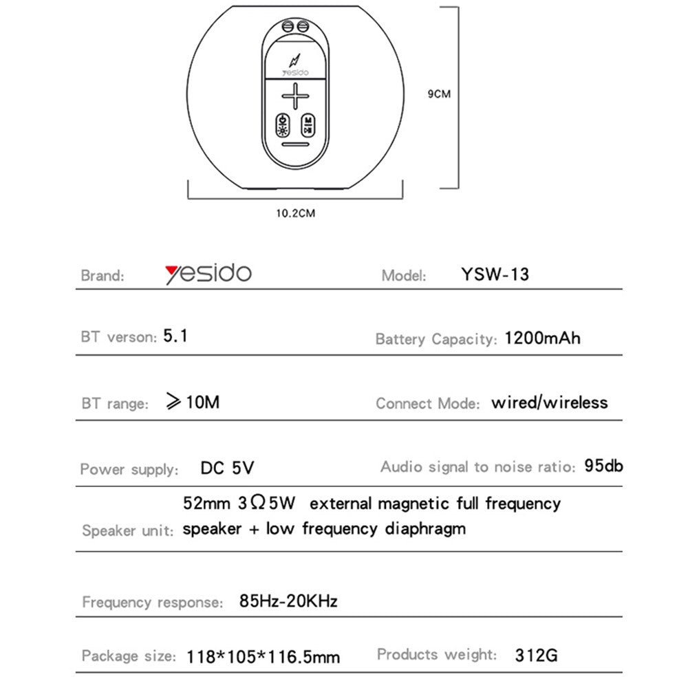 Yesido YSW13 Portable Bluetooth Speaker, 5W, RGB, Blue