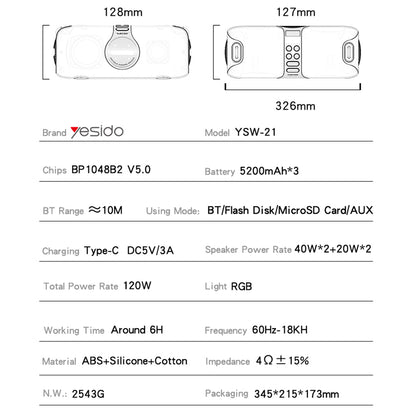 Bluetooth-Lautsprecher Yesido YSW21 Karaoke, 120W, RGB, wasserdicht, Schwarz