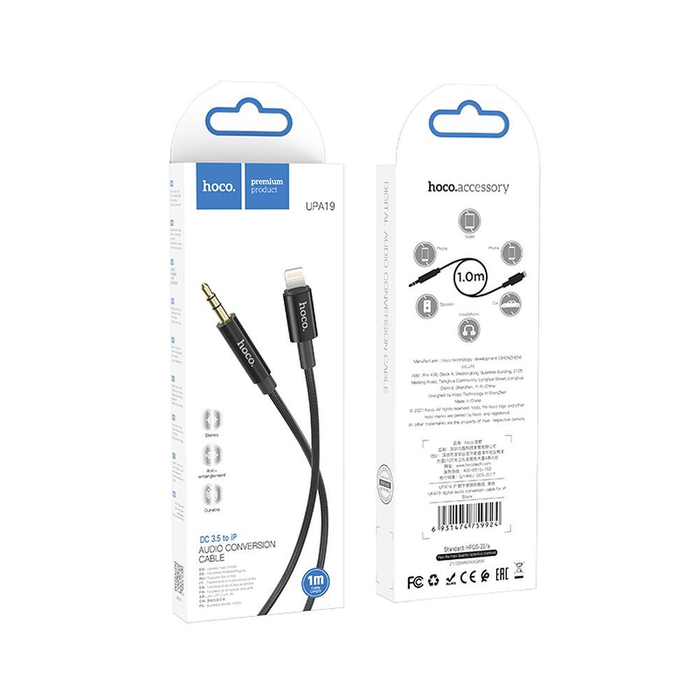 Audiokabel 3,5 mm – Lightning HOCO UPA19, 1 m, Schwarz