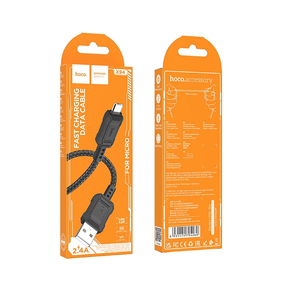 Daten- und Ladekabel USB-A - microUSB HOCO Leader X94, 18W, 1m, Schwarz