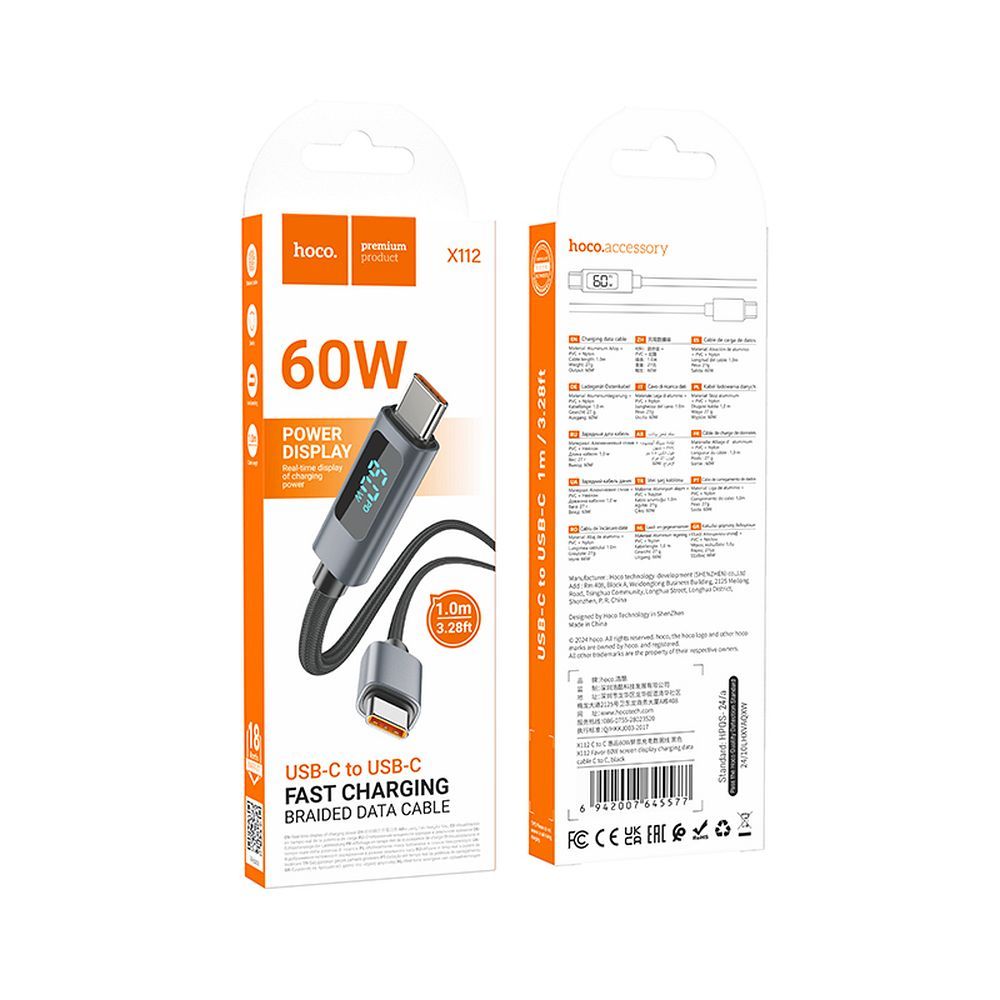 USB-C Daten- und Ladekabel - USB-C HOCO Display X112, 60W, 1m, Schwarz
