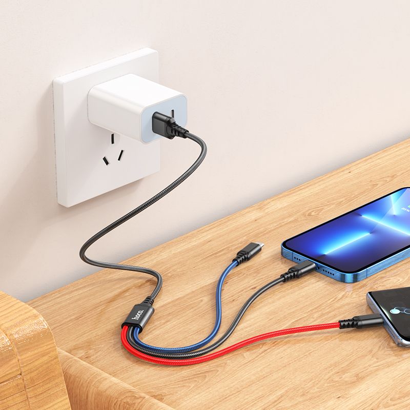 USB-A Charging Cable - Lightning / microUSB / USB-C HOCO X76 3in1, 18W, 1m, Multicolor