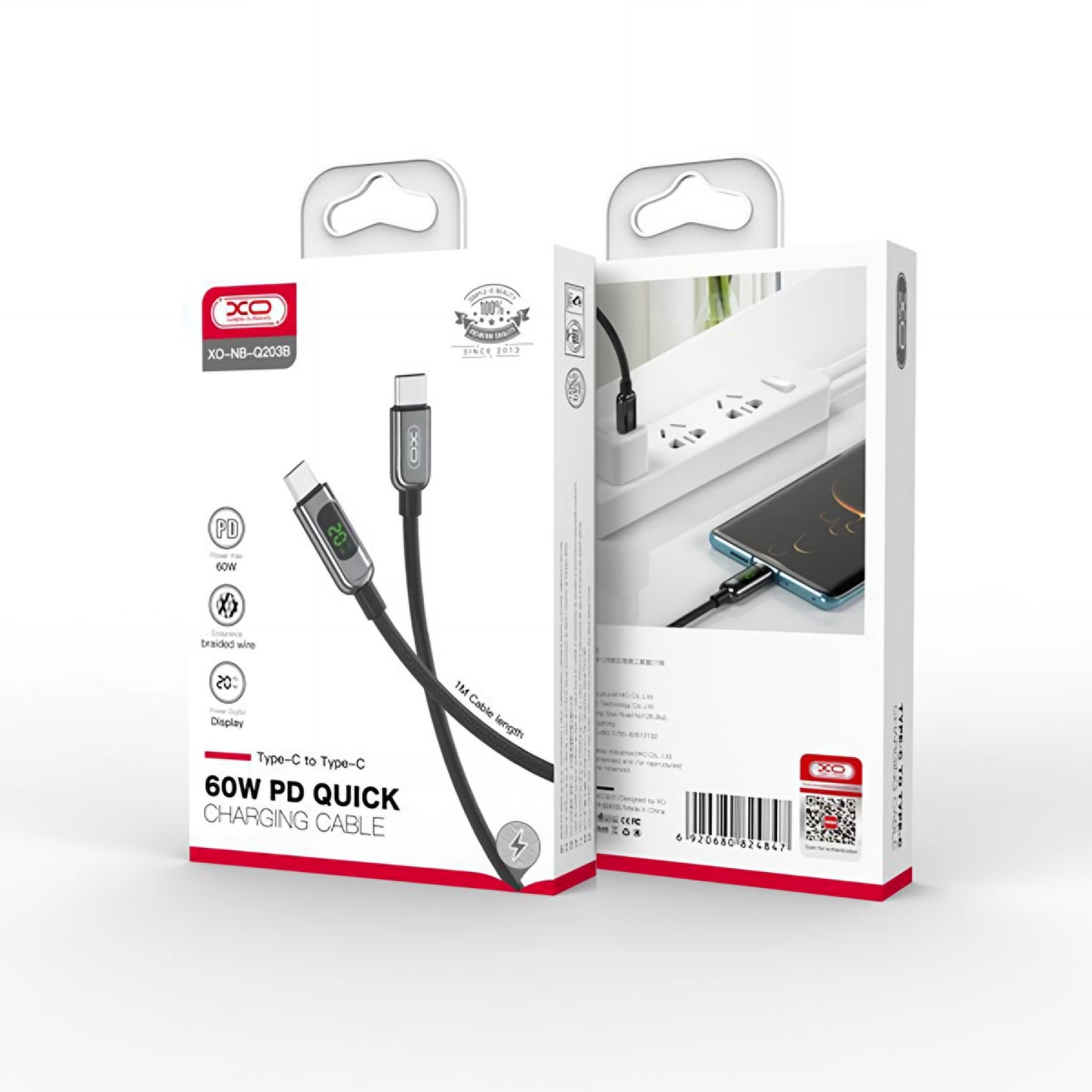 USB-C Daten- und Ladekabel - USB-C XO Design NB-Q203B Display, 60W, 1m, Schwarz