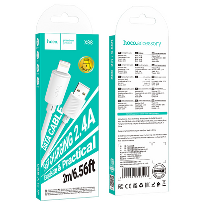 USB-A to Lightning Data and Charging Cable HOCO X88, 18W, 2m, White
